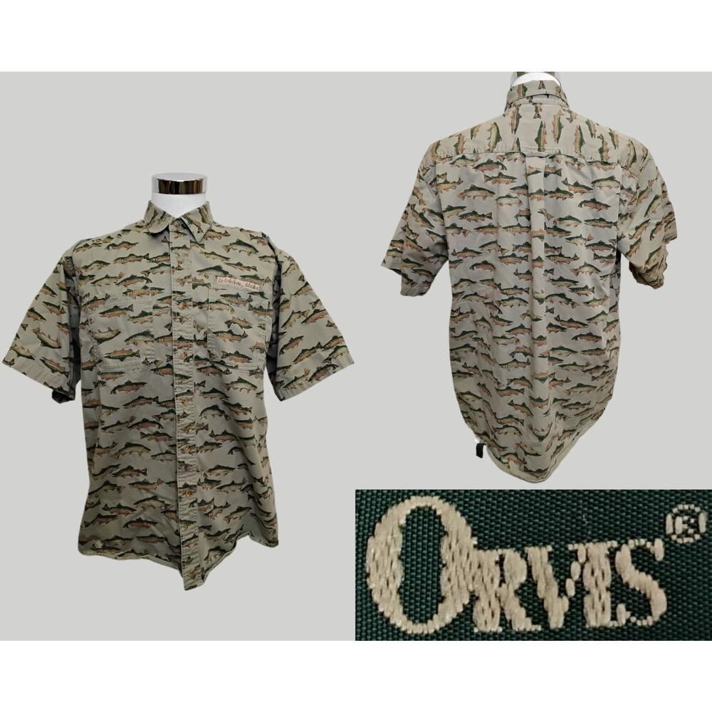 Orvis Short Sleeve Button Down Shirt Men's L Trout Print Embroidered #Z5374